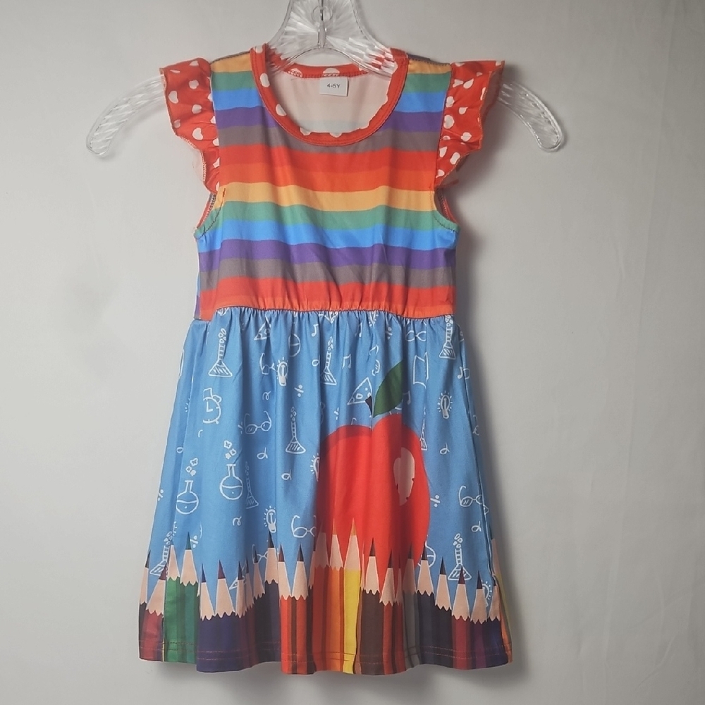 Girl's Multicolored Size 4-5Y "School Days" Dress Red Apple Cap Sleeves T7
